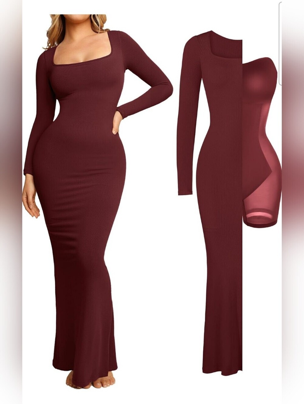 Popilush Women's Dark Red Long Sleeve Shapewear Tummy Control Maxi Dress Size S